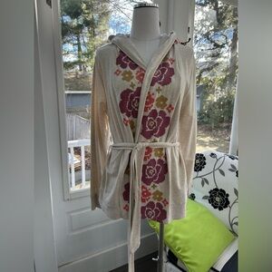 NWOT: Anthropologie Sunday Saturday Cream Hooded Belted Cardigan with Embroidery